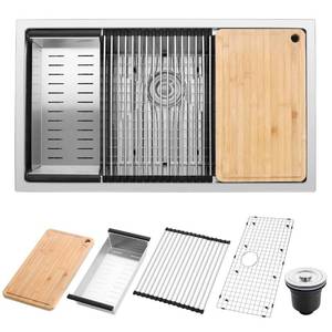 lot 42111 image: Herogo Kitchen Sink, 33 x 19 Inch Large Farmhouse Undermount Kitchen Sink, 1810 Stainless Steel R10 Corner Workstation Single Bowl 10 Inch Deep Kitchen Sinks with Accessories Retail $190