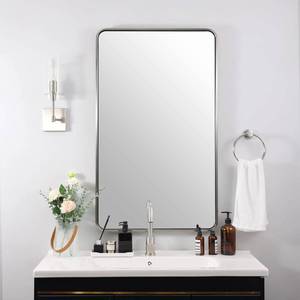 lot 42115 image: ANDY STAR Bathroom Mirror for Wall 24X40 Inch, Brushed Nickel Mirror for Vanity, Rounded Rectangle Mirror, Oblong Mirror, Horizontal or Vertical Retail $210
