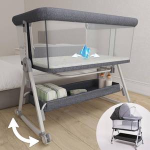 lot 42118 image: Earth&ME Baby Bassinet Bedside Sleeper with Rocking - All Mesh Portable Bedside Crib for Safe Co-Sleeping, Storage Basket and Wheels, Adjustable Height, Includes Travel Bag, Mosquito Net Retail $140