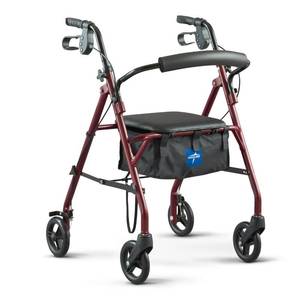 lot 42120 image: Medline Rollator Walker with Seat, Steel Rolling Walker with 6-inch Wheels Supports up to 350 lbs, Medical Walker, Burgundy Retail $65
