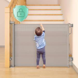 lot 42122 image: Momcozy Auto Lock Retractable Baby Gate, Safety Gate for Baby and Pet, 33 Tall, Extends to 55 Wide, Mesh Safety Dog Gate for Stairs, Indoor, Outdoor, Doorways, Hallways Retail $55