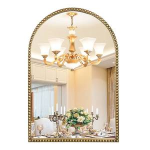 lot 42133 image: Arched Wall Mirror for Bathroom - 24x36 Metal Beaded Frame Decorative Accent Mirror, Large Modern Rustic Distressed Hanging Wall Decor for Washroom, Bedroom, Living Room, Entryway, Antique Gold Retail $150