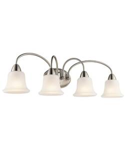 lot 42137 image: KICHLER Nicholson 33 4 Light Vanity Light with Satin Etched Glass in Brushed Nickel Retail $135