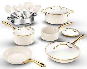 lot 42138 image: Gotham Steel 15 Pc Ceramic Pots and Pans Set Non Stick, Kitchen Cookware Sets, Pot and Pan Set, Ceramic Cookware Set, Non Toxic Cookware Set, Non Stick Pots and Pan Set Dishwasher Safe, Cream White Retail $200