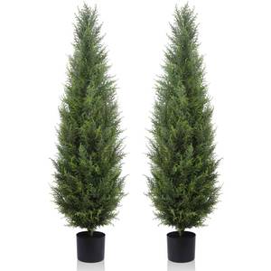 lot 42139 image: Artificial Cedar Topiary Tree 5ft Fake Cypress Trees UV Resistant Potted Plant Faux Topiary Tree for Front Porch Home Office Indoor Outdoor Decoration Set of 2 Retail $168