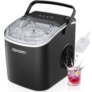 lot 42162 image: EUHOMY Countertop Ice Maker Machine with Handle, 26lbs in 24Hrs, 9 Ice Cubes Ready in 6 Mins, Auto-Cleaning Portable Ice Maker with Basket and Scoop, for HomeKitchenCampingRV. (Black) Retail $123