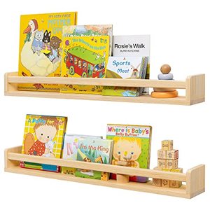lot 42166 image: Fun Memories Nursery Book Shelves for Wall Set of 2- Rustic Natural Solid Wood Kids Floating Bookshelf for Bedroom - Wall Shelves for Kids Room, Home Decor, Kitchen Spice Rack - 32 Inch Retail $40