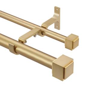 lot 42174 image: Double Curtain Rods with Square Heavy Duty Aluminum Alloy Finials 36 to 72 Telescoping Rod 1 Inch Diameter Front Rod and 58 Inch Diameter Back Rod Window Drapery Rods, Warm Gold Retail $38