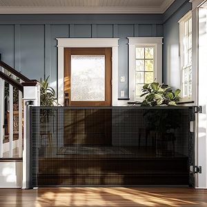 lot 42176 image: Cumbor Retractable Baby Gates for Stairs 33 Tall, Extends to 76, Extra Wide Mesh Dog Gates for the House, Long Baby Safety Gates for Doorways, Hallways, Porch, IndoorOutdoor Pet & Child Gate(Black) Retail $65