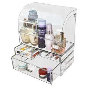 lot 42178 image: HOMOKUS Extra Large Acrylic Makeup Organizer for Vanity, 11.8 W x 7.1 D x 14.2 H Skincare Organizer with Lid Large Capacity Dust-proof 3 Layers Transparent Appearance Installation Free Size Retail $36