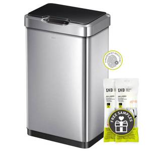 lot 42189 image: EKO Mirage-T 50 Liter  13.2 Gallon Touchless Rectangular Motion Sensor Trash Can, Brushed Stainless Steel Finish Retail $80
