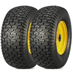 lot 42199 image: MaxAuto 2Pcs 16x6.50-8 Tire and wheel Replacement forJD Lawn Riding Mowers Garden Tractors, 4 Centered Hub with 1 Axle Bore,Yellow Rim Retail $170