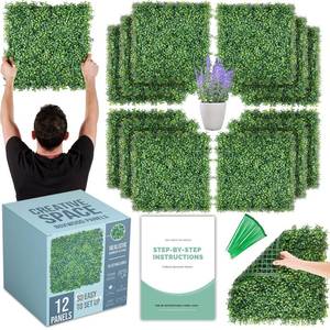 lot 42238 image: CREATIVE SPACE Grass Wall Panels Artificial Plants Wedding Backdrop 12 PCS 20 x 20 Inch Boxwood Panels Privacy Hedge Screen for Indoor Outdoor Garden Wall Decor Bedroom Retail $112