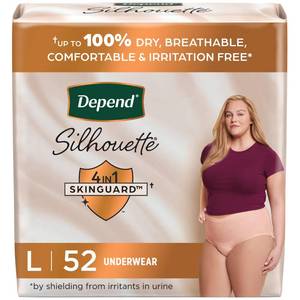 lot 42243 image: Depend Silhouette Adult Incontinence & Postpartum Bladder Leak Underwear for Women, Maximum Absorbency, Large, Pink, 52 Count, Packaging May Vary Retail $58
