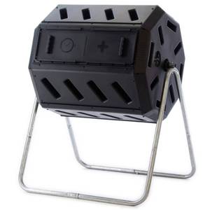 lot 42252 image: FCMP Outdoor IM4000 Dual Chamber Tumbling Composter Canadian-Made, 100% Recycled Resin - Outdoor Rotating Compost Tumbler Bin for Garden, Kitchen, and Yard Waste, Black (37 Gallon) Retail $100