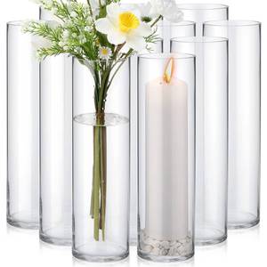 lot 42258 image: 12 Pack Glass Cylinder Vases Set Clear Flower Vase Tall Floating Candle Holders Bulk for Centerpiece Table Home Wedding Decorations Dinners (4 x 14 Inch) Retail $110