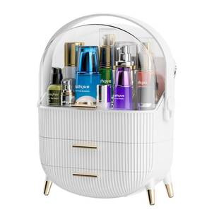 lot 42267 image: MASSY Egg Shape(Oval) Makeup Storage Box, Countertop Portable Vanity Cosmetics Organizer Preppy Style (MBOX-Ship From California) Retail $40