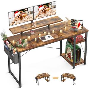 lot 42269 image: ODK 55 Inch Home Office Computer Desk with Monitor Stand and Reversible 2-Tier Storage Shelves, Modern Laptop Workstation with Splice P2 Grade Wooden Board, Vintage Desk with Shelves Retail $70