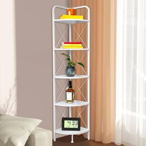 lot 42275 image: daooap 5 Tier Corner Shelf Stand, Tall Corner Bookshelf Wood and Metal Corner Storage Rack Plant Stand for Living Room, Office, Kitchen, Small Space, 12.2 D x 12.2 W x 62.6 H (White) Retail $60