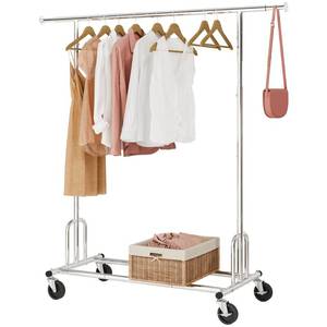 lot 42280 image: Tajsoon Heavy Duty Clothes Rack Foldable Garment Rack with Wheels and Extendable Rod, Freestanding Clothing Rack for Hanging Clothes, Adjustable Collapsible Rolling Racks with Bottom Shelf, Chrome Retail $70