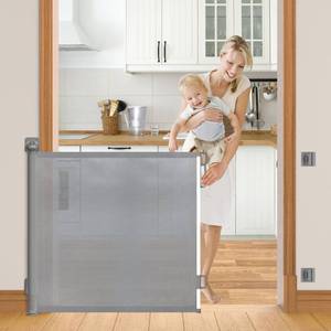 lot 42293 image: probebi Retractable Baby Gates No Drilling Grey,Dog Gate Extends to 55in Wide 34in Tall, Dog Gates for The House, Mesh Baby Gate for Staris, Hallways, Doorways, Outdoor & Indoor (Grey) SG021 Retail $55