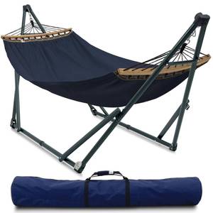 lot 42299 image: Tranquillo Ultimate Relaxation Portable Hammock Stand with Cotton Canvas Hammock, Spreader Bar, Quick Fold Unfold in 30 Seconds Steel Frame Hammock 600 lbs Capacity Hammock Outdoor Hammock Set, Navy Retail $180