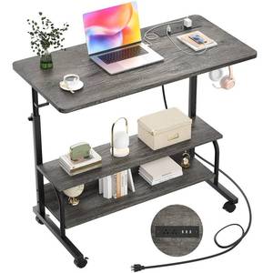 lot 42303 image: Height Adjustable Standing Desk with Power Outlets, 32 Manual Stand Up Desk with Storage Shelves Small Mobile Rolling Computer Desk Portable Laptop Table with Wheels for Home Office, Grey Oak Retail $100