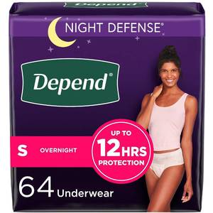 lot 42305 image: Depend Night Defense Adult Incontinence & Postpartum Bladder Leak Underwear for Women, Disposable, Overnight, Small, Blush, 64 Count (4 Packs of 16), Packaging May Vary Retail $57