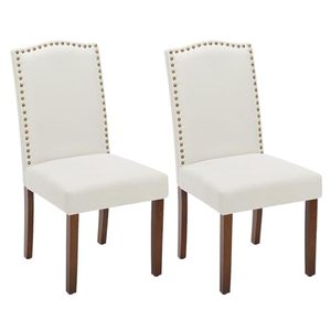 lot 42306 image: Sweetcrispy Dining Chairs Set of 2, Modern Upholstered High-end Dining Room Chair with Nailhead Back and Solid Wood Legs, Fabric Side Chairs for Dining Table, Kitchen, Living Room, Beige Retail $99