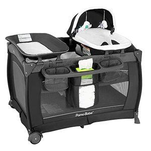 lot 42328 image: Pamo Babe Playard Deluxe Nursery Center, Foldable Playpen for Baby & Toddler, Bassinet, Mattress, Changing Table for Newborn (Grey) Retail $200