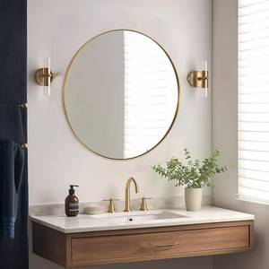 lot 42334 image: ANDY STAR Round Gold Mirror, 30 Brass Mirror with Brushed Gold Frame, Wall Mounted Stainless Steel Metal Frame Round Mirror for Bathroom, Living Room, Bedroom Retail $190