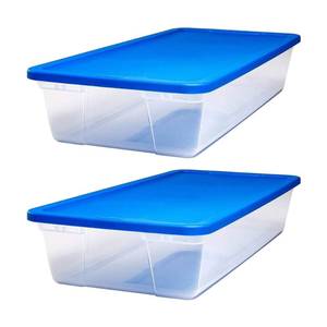 lot 42340 image: HOMZ Snaplock 41-Quart Plastic Multipurpose Stackable Storage Container Bins with Blue Snaplock Lid for Home and Office Organization, Clear (2 Pack) Retail $59