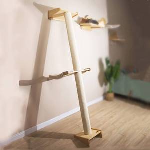 lot 42342 image: Modern 78.7 Tall Leaning Wall Carpet Cat Tree Tower Scratching Post Pillar at 70 Degree Angle with Cat Bed Hammock Perch, Cat Climbing Pole (Sisal Cover) Retail $160