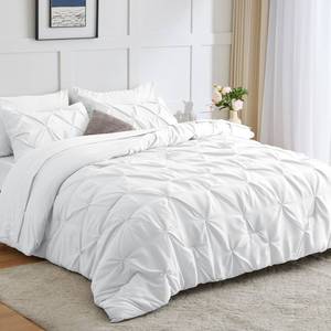 lot 42344 image: CozyLux Queen Comforter Set - 7 Pieces Comforters Queen Size White, Pintuck Bed in A Bag Pinch Pleat Complete Bedding Sets with Comforter, Flat Sheet, Fitted Sheet and Pillowcases & Shams Retail $57