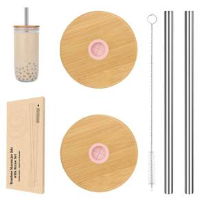 lot 42354 image: Tronco Mason Jar Lids with Stainless Steel Straws, 2 Reusable Mason Jar Bamboo Lids with Straw Hole, 2 Straws and 1 Straw Brush, for Wide Mouth Mason Jar Tumbler Lids
