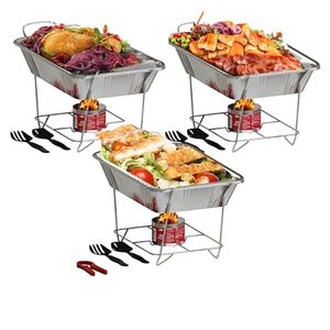 lot 42355 image: Alpha Living Disposable Chafing Dish Buffet Set, Food Warmers for Parties, 6hr Fuel Cans Complete Set, Half Size Pans, Warming Trays (3 Pack) Retail $32