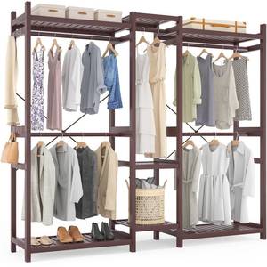 lot 42362 image: Homykic Large Bamboo Closet System Clothes Rack, Freestanding Garment Rakc with 5 Hanging Rods, 7 Open Shelves, 70W x 77H x 18 D, Lightweight, Easy Assembly, Espresso Retail $170