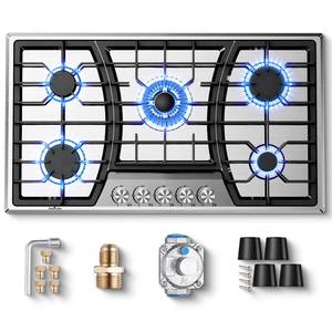 lot 42363 image: 36 Inch Gas Cooktop, Maharlika Gas Stove Top Bulit-in with 5 Burner Stainless Steel Total 41,132 BTU, 36 NGLPG Convertible Cooktops Dual Fuel, Five Burner Propane Cooktop with Thermocouple Protect Retail $270