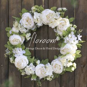 lot 42382 image: Floroom Floral Wreath, Door Wreath, 20 Artificial White Peony Hydrangea Wreath for Front Door, Wedding Decorations Wall Decor Retail $60