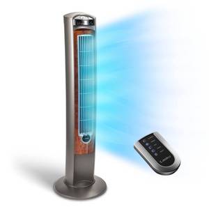 lot 42393 image: Lasko Oscillating Tower Fan, Nighttime Setting, Remote Control, Portable, Timer, for Bedroom, Home and Office, 3 Quiet Speeds, 42.5, Silverwood, T42954, woodgrain and grey Retail $75