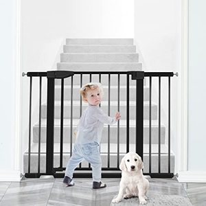 lot 42401 image: Yacul 29.3-46 Wide Baby Gate for Stairs, Auto Close Pressure Mounted Easy Walk Thru Safety Child Gate, 30 Tall, Easy Install Dog Gate for Stairs, Doorways, Black Retail $70