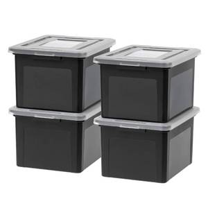 lot 42419 image: IRIS USA File Box File Organizer Plastic File Box for LetterLegal File, BPA-Free Plastic Storage Bin Tote Organizer with Durable and Secure Latching Lid, Stackable and Nestable, Black 35 Qt. 4Pack Retail $55