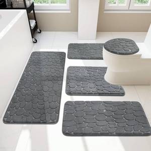 lot 42423 image: YIHOUSE 5 Piece Cobblestone Memory Foam Bath Mats, Extra Thick Non Slip Mats for Tub, Toilet and Floor, Water Absorbent, Washable Dark Grey Rugs Retail $70