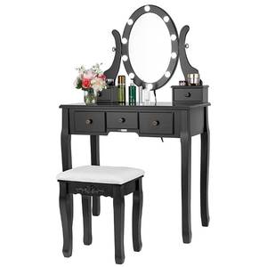 lot 42429 image: VIVOHOME Makeup Vanity Set with 10 Dimmable LED Bulbs, Dressing Table with 360° Rotating Lighted Mirror and Cushioned Stool, Black Retail $190
