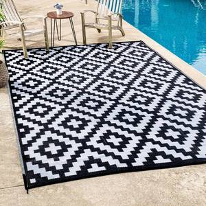 lot 42430 image: FH Home Outdoor Camping Rug - Waterproof, Fade Resistant, Reversible - Premium Recycled Plastic - Geometric - Large Patio, Deck, Sunroom, RV - Aztec - Black & White - 9 x 12 ft Foldable Retail $60