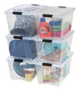 lot 42443 image: IRIS USA 54 Qt Stackable Plastic Storage Bins with Lids, 6 Pack - BPA-Free, Made in USA - See-Through Organizing Solution, Latches, Durable Nestable Containers, Secure Pull Handle - Clear Retail $90