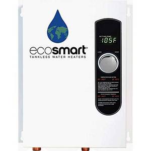 lot 42446 image: EcoSmart ECO 18 Electric Tankless Water Heater, 18 KW at 240 Volts with Patented Self Modulating Technology , 17 x 14 x 3.5, White Retail $367