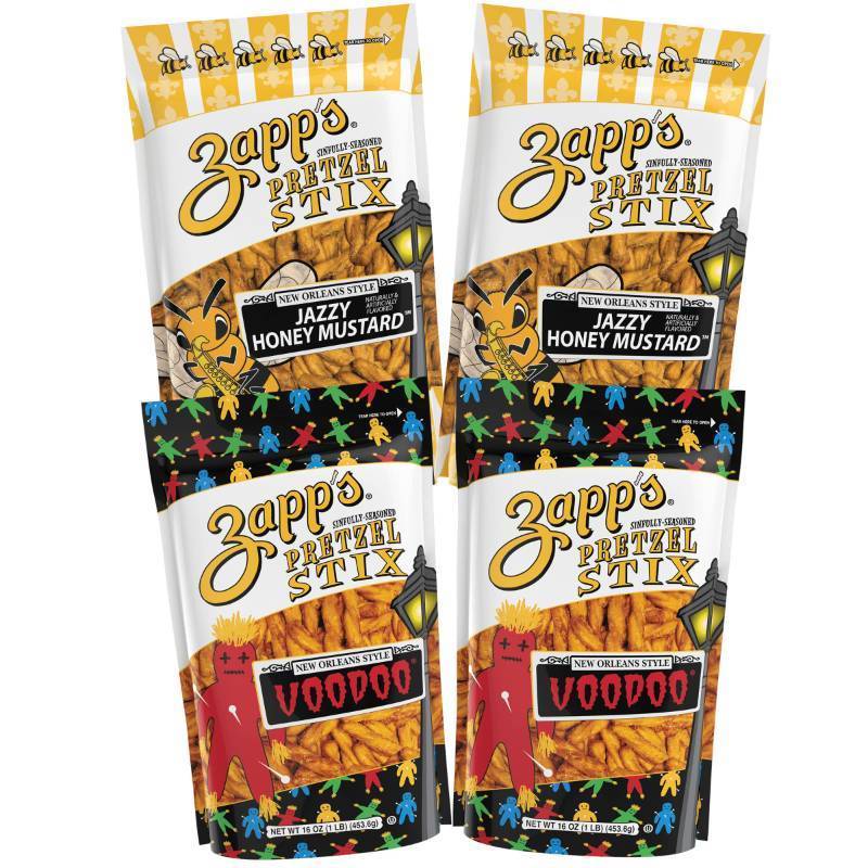 lot 55112 image: Zapps Seasoned Pretzel Stix, 16oz. Pouch Variety Pack (Pack of 4), Voodoo & Jazzy Honey Mustard Flavors (Best by 080823) - Retail - $27.88 (Product package past expiration date)