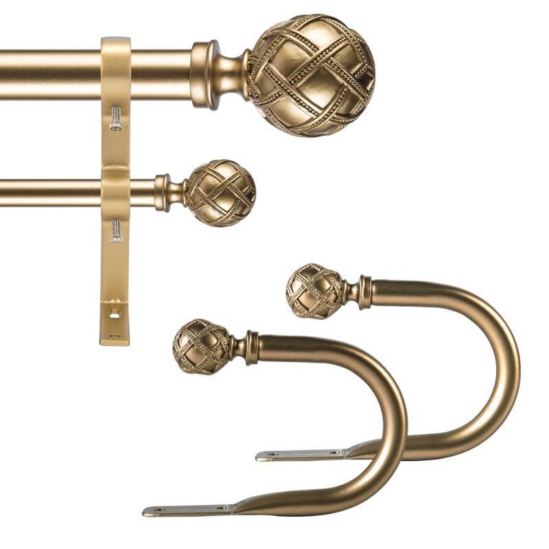 lot 55267 image: Ycolnaefllr 1 Inch Diameter Double Curtain Rod Set for Windows Heavy Duty Double Window Treatment Curtain Rod Adjustable from 48 to 84 Inch, Resin Finials with Curtain Holdbacks,Gold