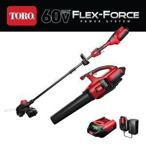 lot 59329 image: Toro 7025845 13 in. 60V Trimmer & Leaf Blower Combo Kit - Retail $219.97